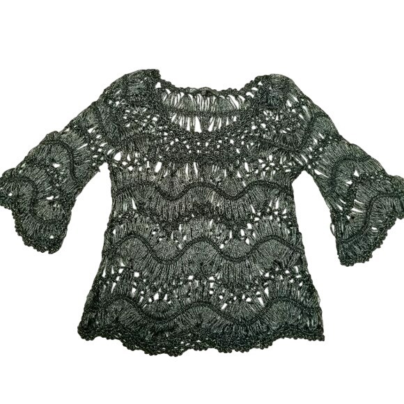Sioni Sweaters - Sloni Crochet Knit Metallic Thread Bell Sleeve Top Womens XS/S Bohemian Festival